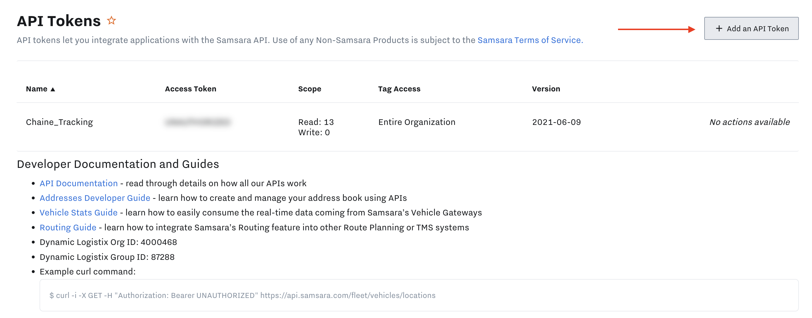 samsara api tokens page