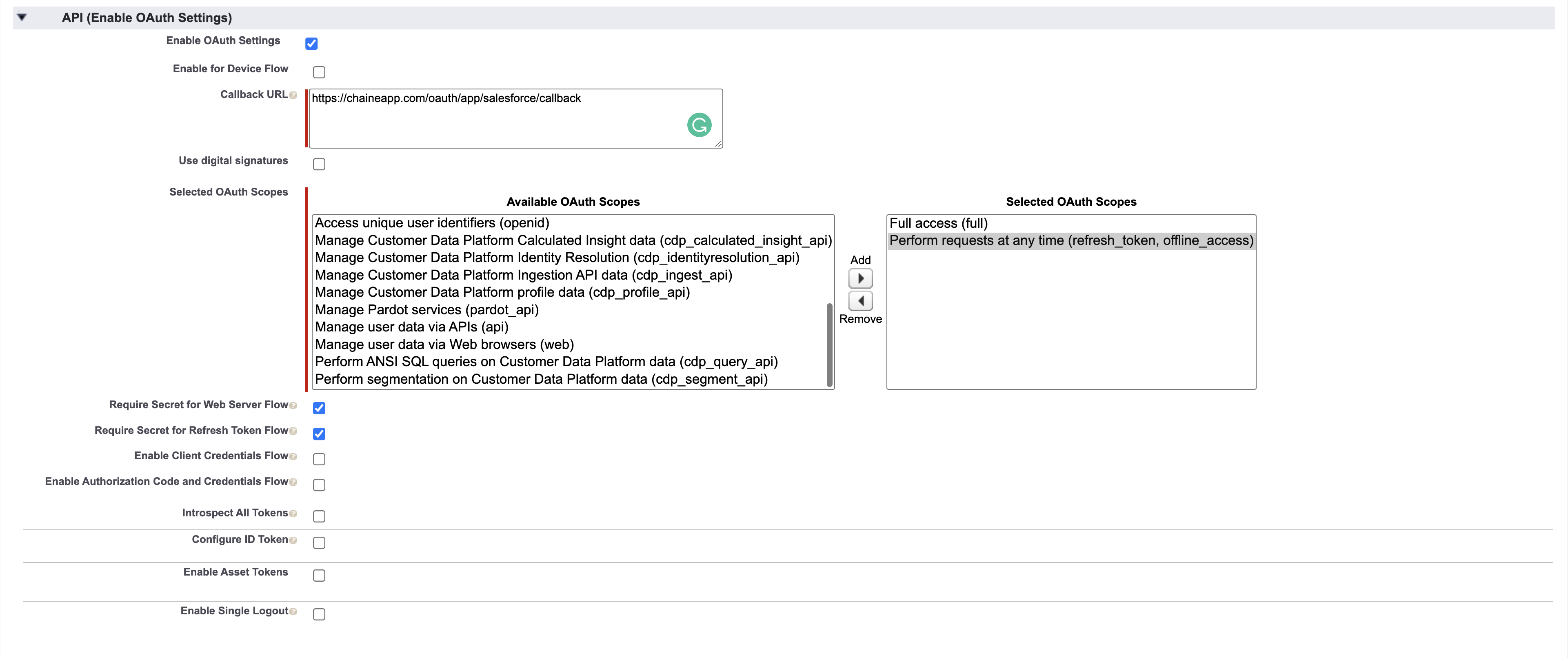 salesforce api OAuth settings