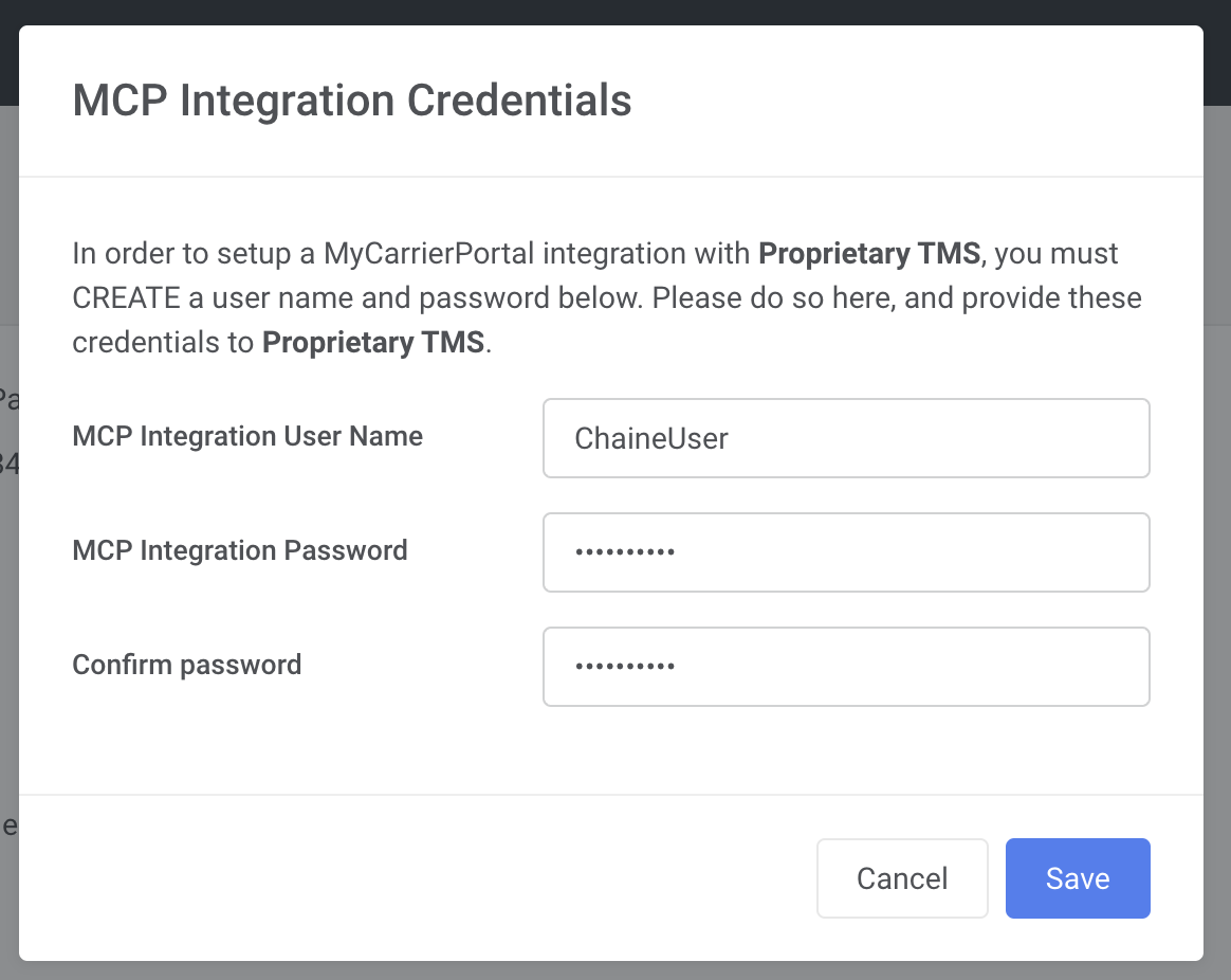 my carrier portal integration username password