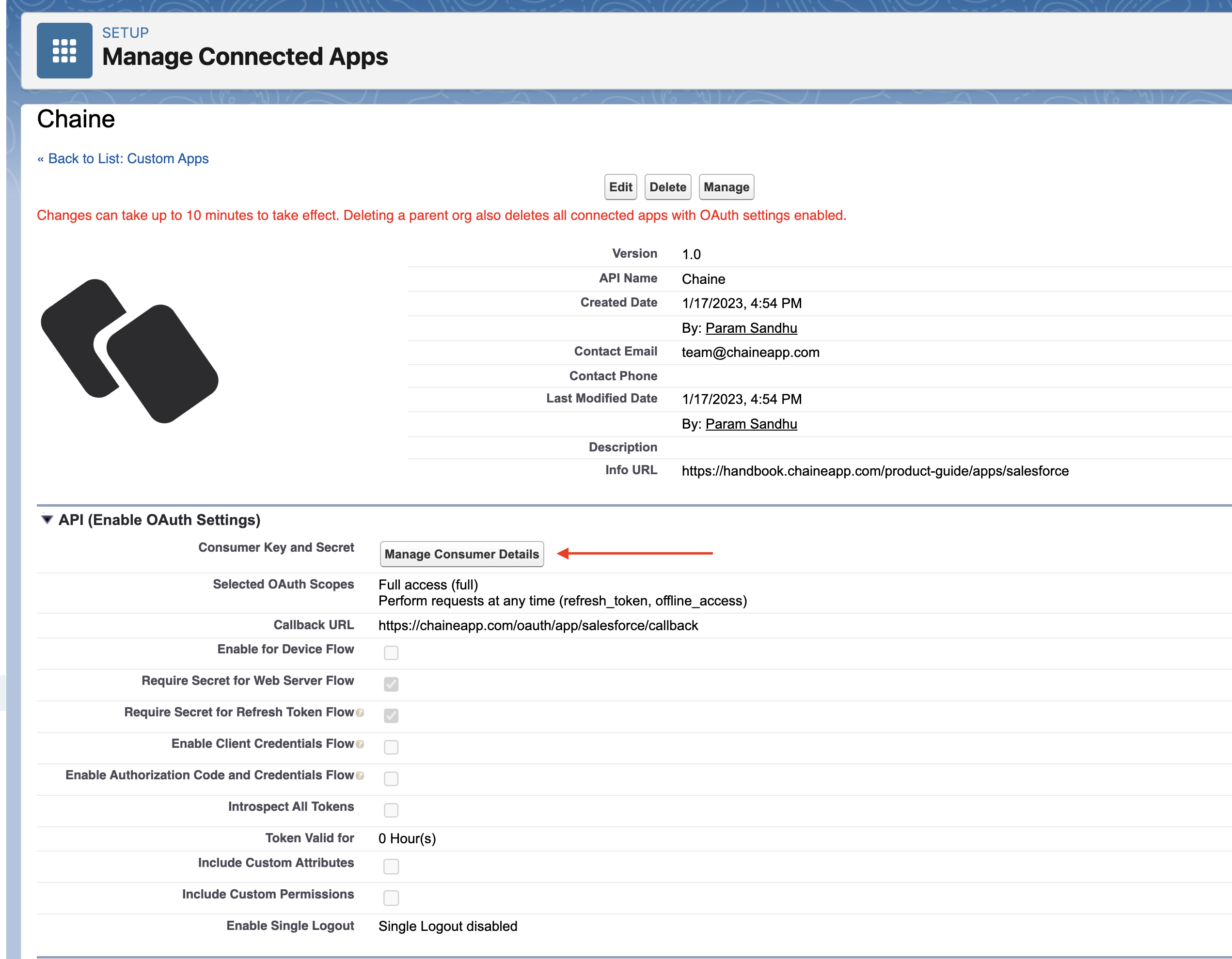 salesforce manage connected app